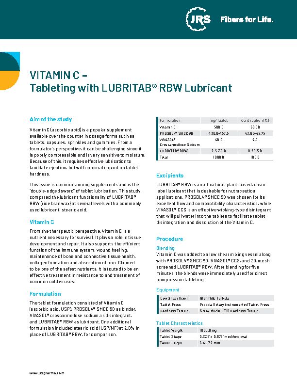 VITAMIN C – Tableting with LUBRITAB® RBW Lubricant